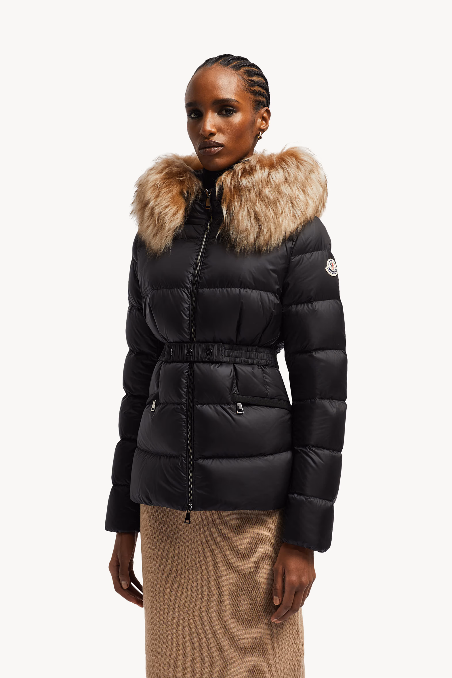 Boed Hooded Shearling-Trimmed Short Down Jacket Women Black & Beige Moncler 3